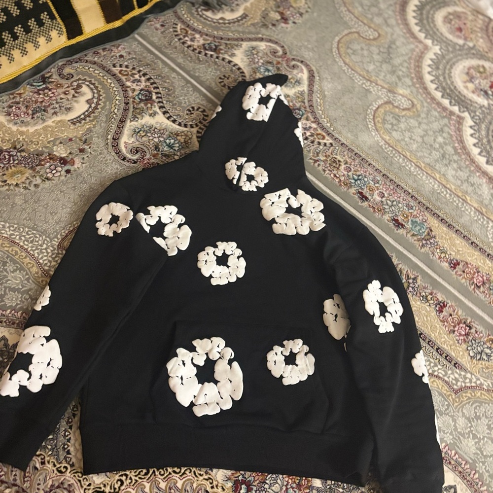 Oversized Black Graphic Hoodie with White Floral Design